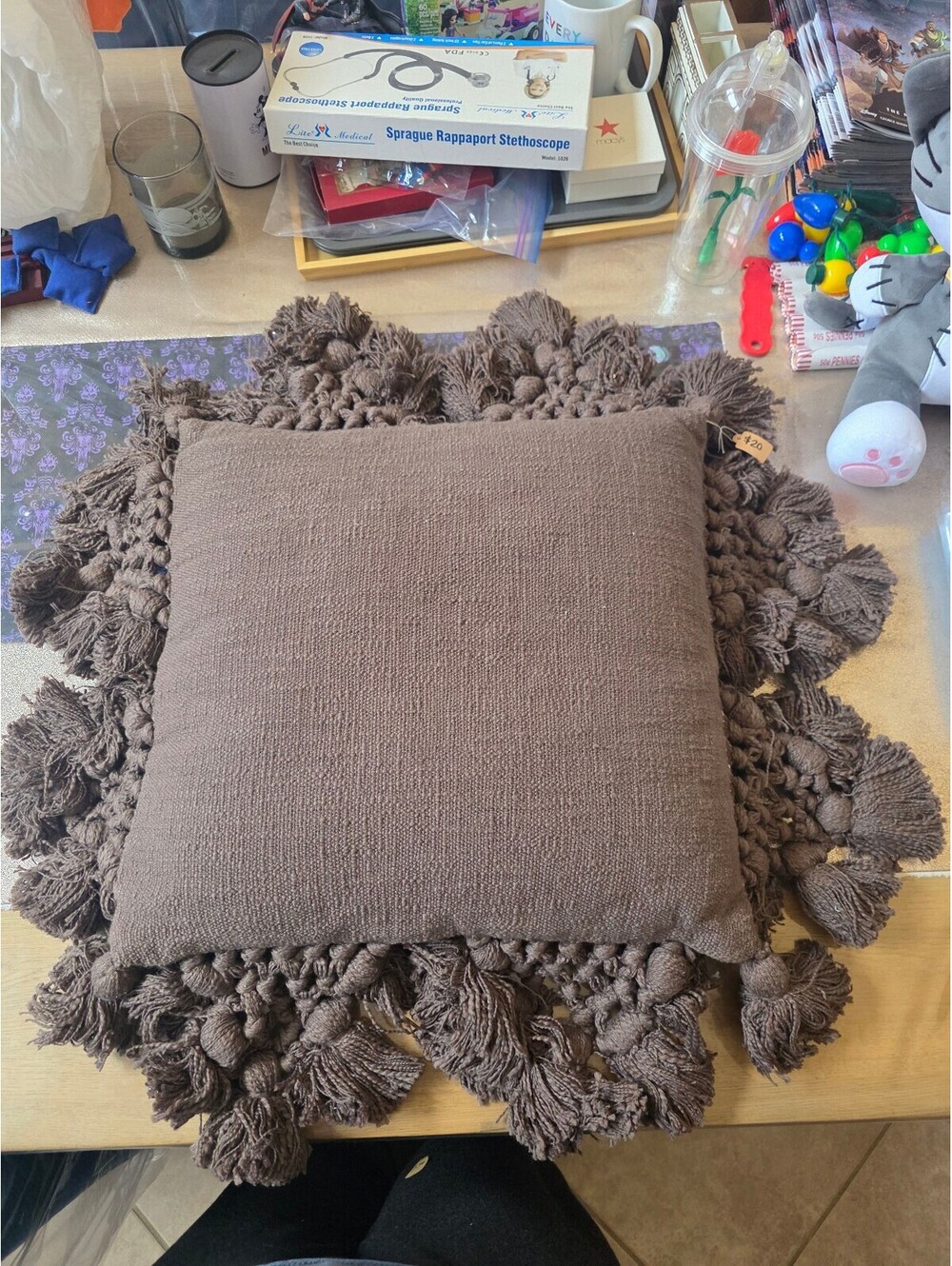 Decorative Brown throw pillow with Textured Tassels